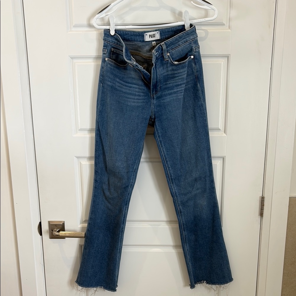 PAIGE Medium Blue Flare Jeans with Raw Hem